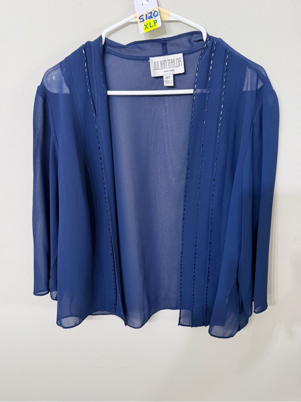 Women’s Julian Taylor Blue Sheer Open Front Jacket Cardigan Size 16P Petite